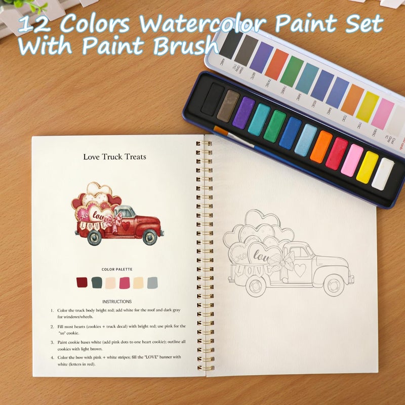 DPWCVM Beginner Watercolor Painting Kit Watercolor Workbook Coloring Book 12 Colors Paint Set with Brush, DIY Valentine's Day Cards Easily Master Beginner Friendly Watercolor Paint Set Valentine's Day Gifts for Adults Teens. (Valentine's Day) - Image 5